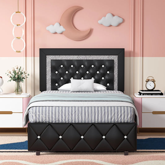 4 EVER WINNER Twin Bed Frame, Upholstered Platform Bed Frame with PU Faux Leather Diamond Tufted Headboard & Footboard, Black